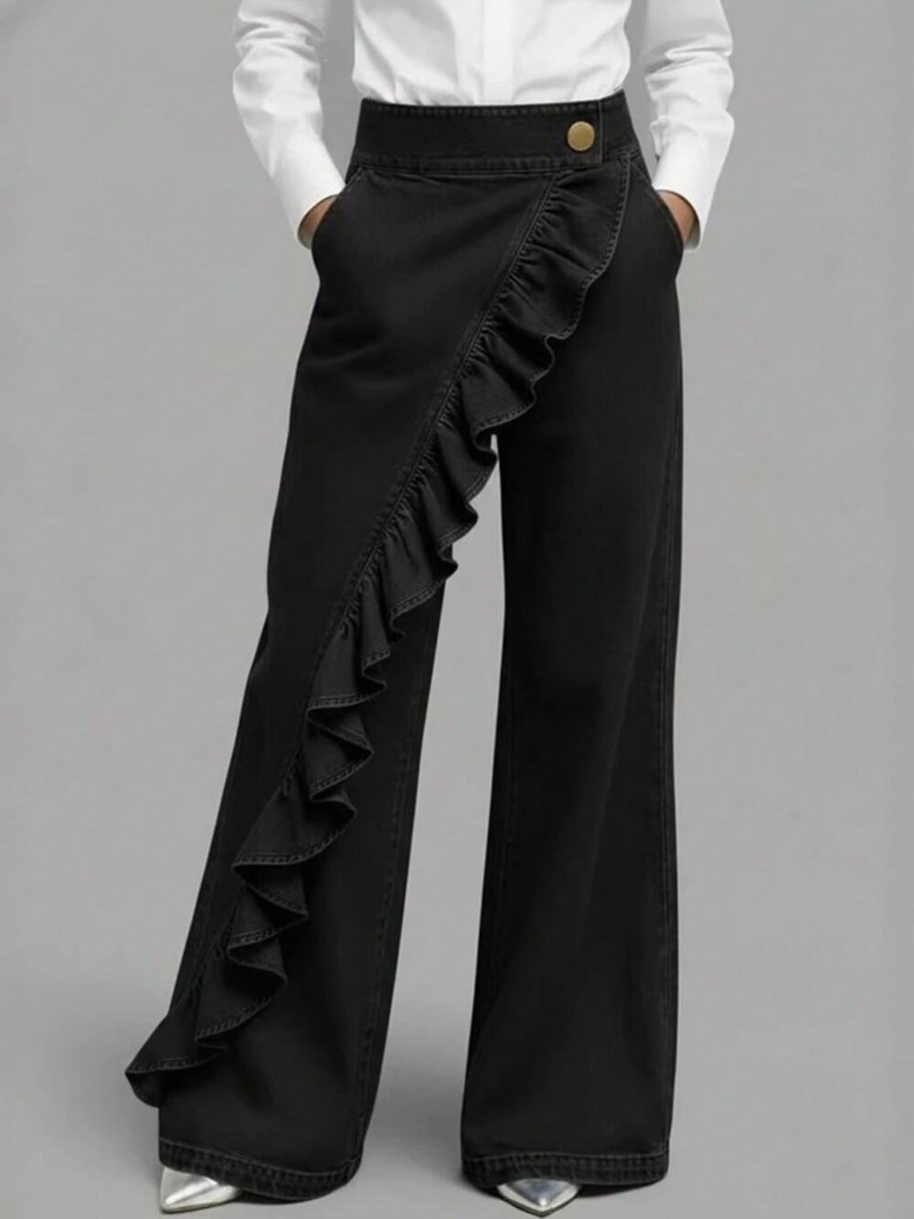 Black Casual Women's Washed Mid-Waist Straight wide Leg Jeans